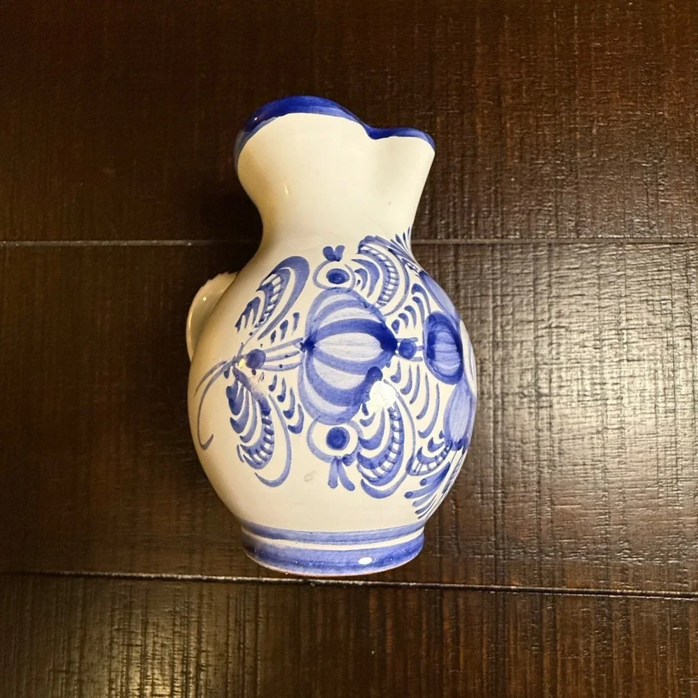 Modra Slov Ludova Majolika Cobalt Blue White Floral Ceramic Mini Pitcher Czech